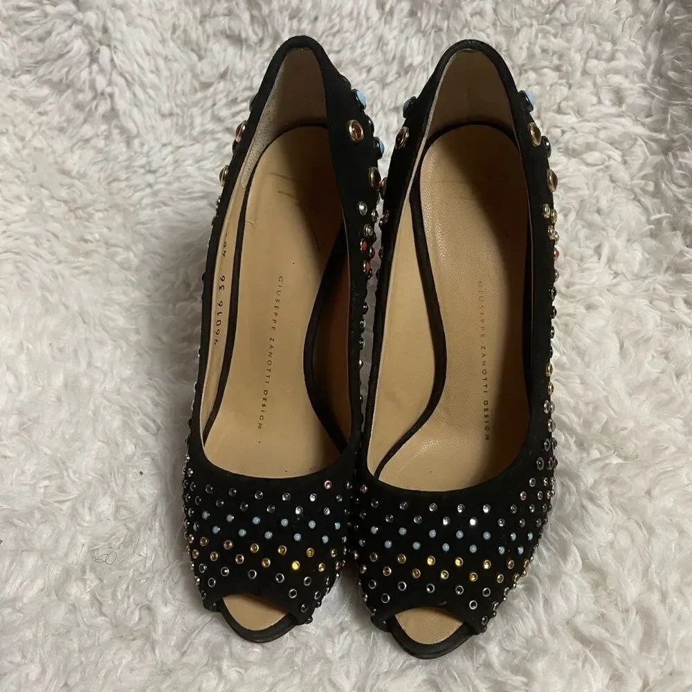 Giuseppe Zanotti Black Suede multi color  studs Peep Toe Platform Pumps EUR SZ37